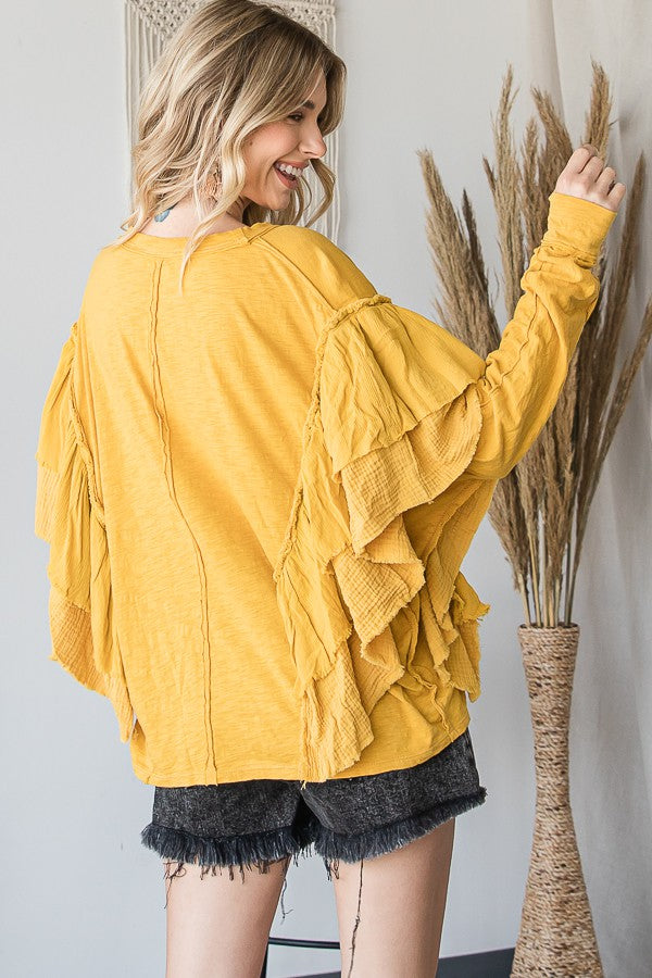 WASHED RUFFLE DETAIL DOLAM SLEEVE OVERSIZED TOP