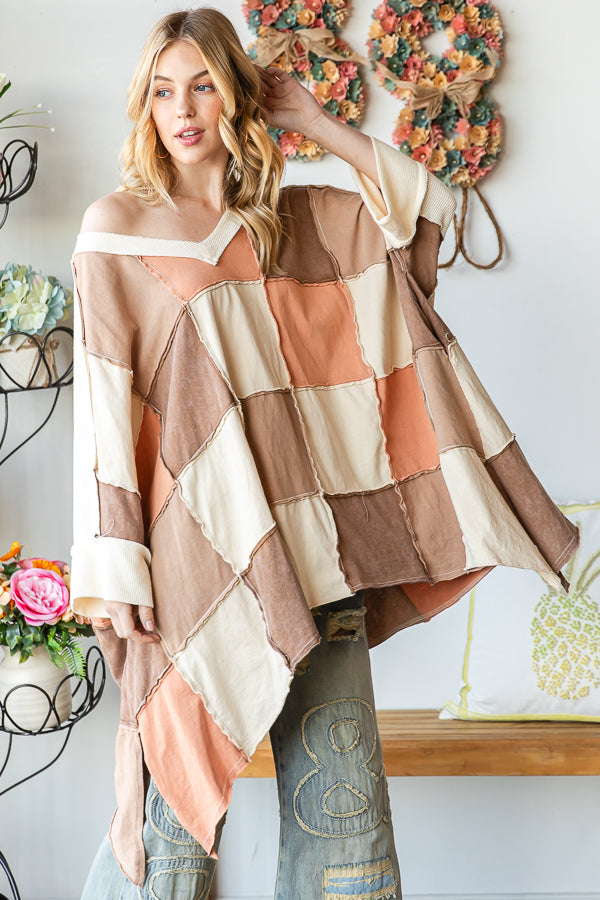 WASHED COLORBLOCK WIDE V NECK OVERSIZED TOP