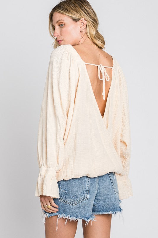 WASHED FLARE CUFFS OPEN BACK DETAIL GAUZE BLOUSE