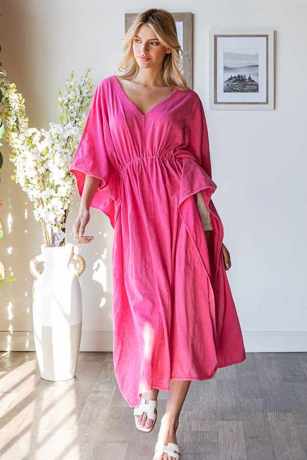 WASHED V NECK RUCHED WAIST COLD SHOULDER MAXI TOP