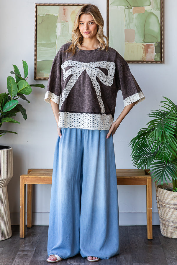 WASHED RIBBON PATCHWORK SHORT SLEEVE OVERSIZED TOP