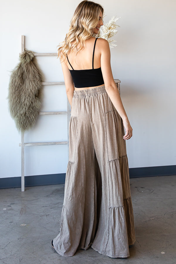 MINERAL WASHED TIERED BOHO WIDE LEG CASUAL PANTS