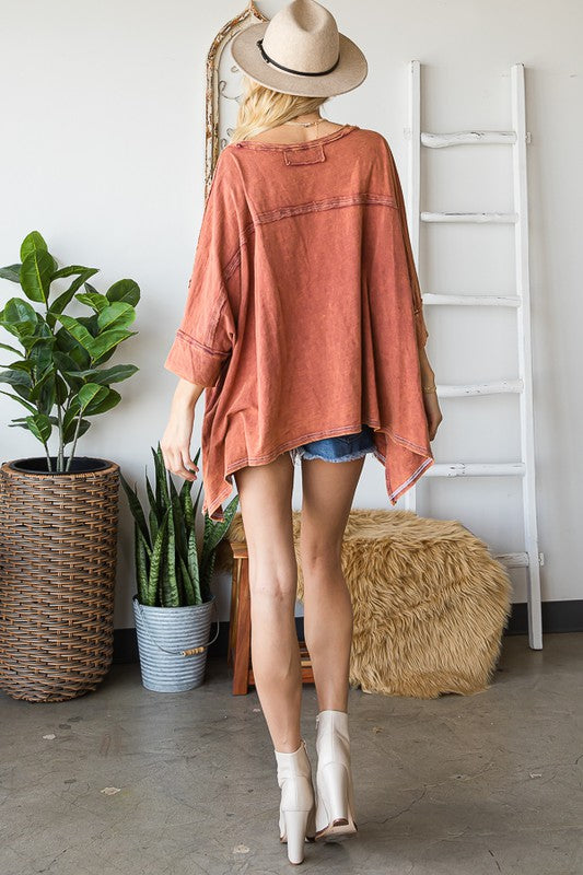WIDE V NECK ASYMMETRICAL HEM OVERSIZED TOP