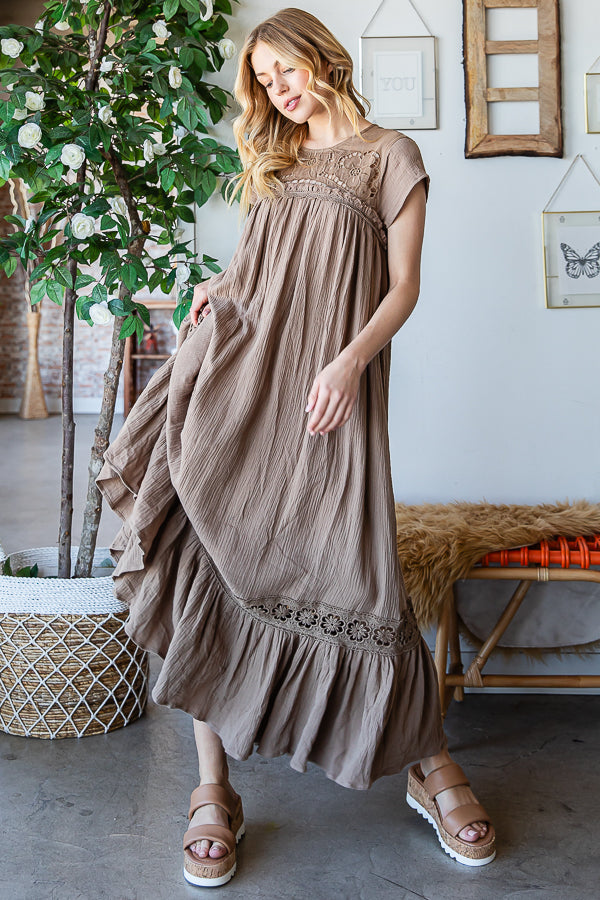 CROCHET YOKE RUFFLE FLARE HEM GAUZE MAXI DRESS