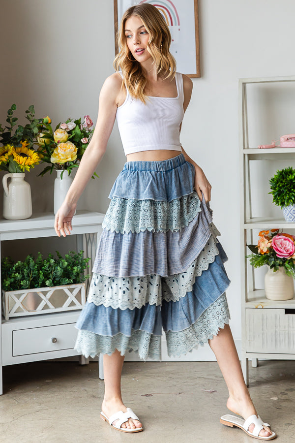 WASHED MIX MEDIA TIERED WIDE LEG CROPPED PANTS