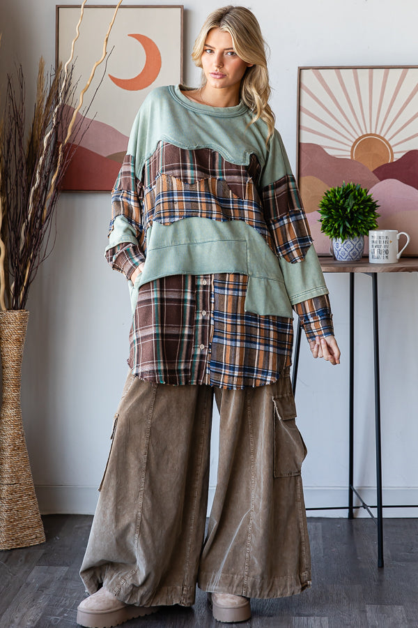 WASHED PLAID PATCHWORK TUNIC LONG SLEEVE TOP