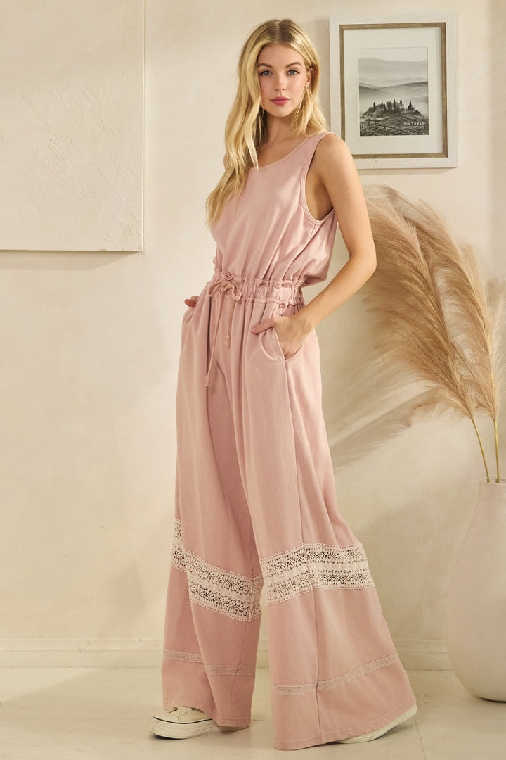 WASHED LACE DETAIL WITH WAIST STRING JUMPSUIT