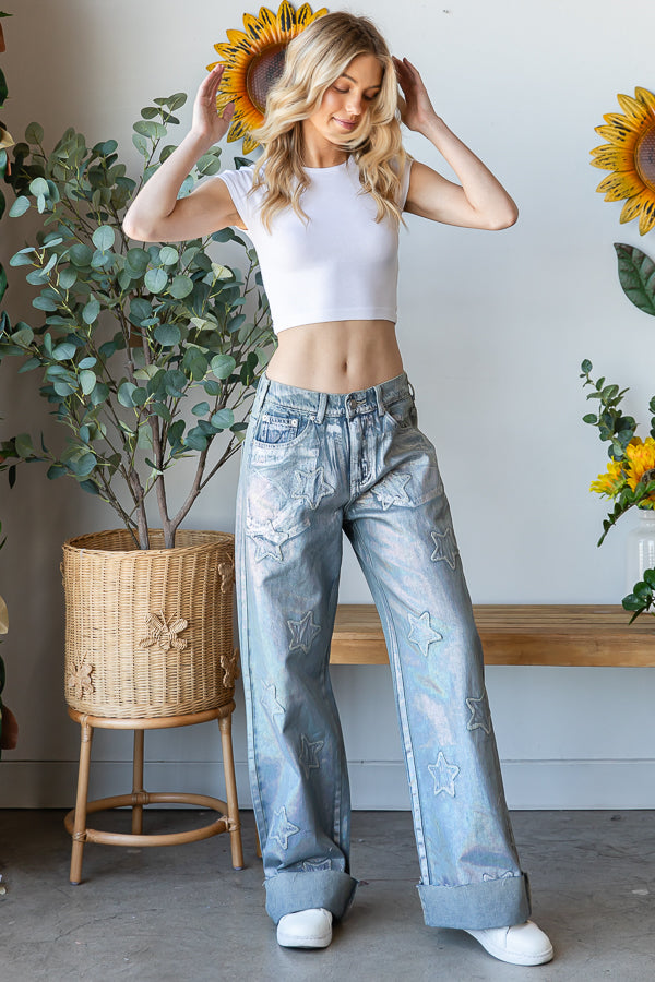 WASHED FOIL LOVE PATCHWORK DENIM JEANS