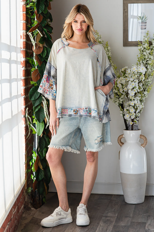 WASHED MULTI PRINT PATCHWORK OVERSIZED TOP