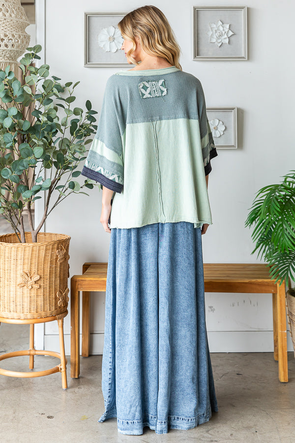 WASHED FABRIC MIXED SHORT SLEEVE TOP