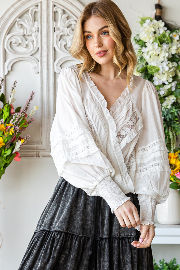 V NECK CROP WRAP SMOCKED CUFFS LONG SLEEVE BLOUSE