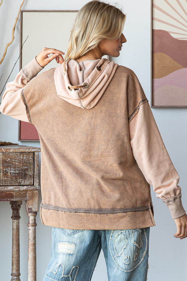 WASHED DRAWSTRING HOODED PULLOVER TOP