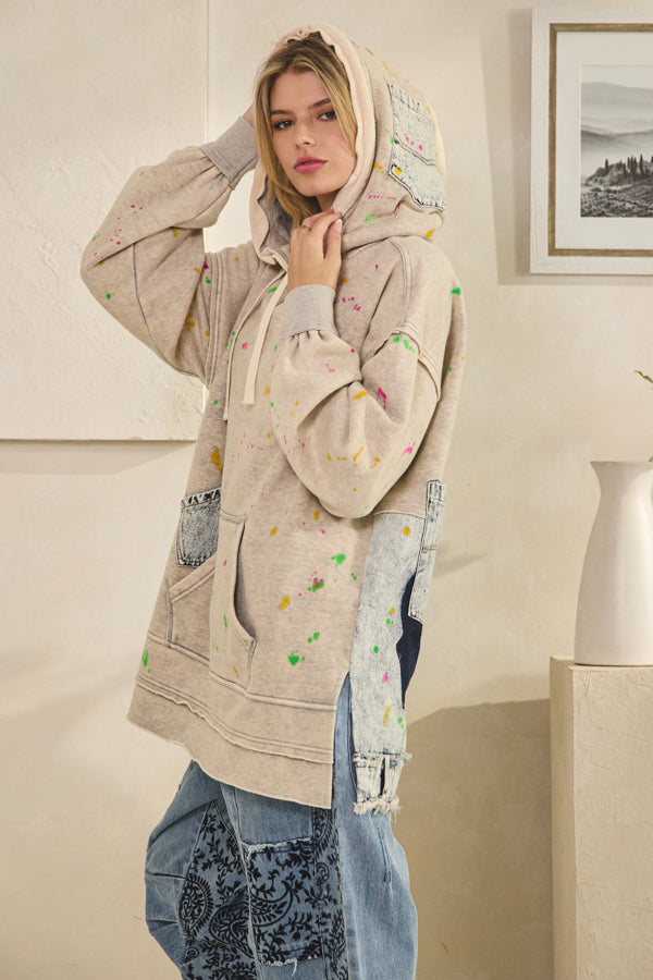 WASHED SPLATTER PAINT LONG SLEEVE HOODIE