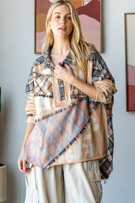 BLEACH DETAIL BUTTON PLACKET MIX MEDIA SHIRT