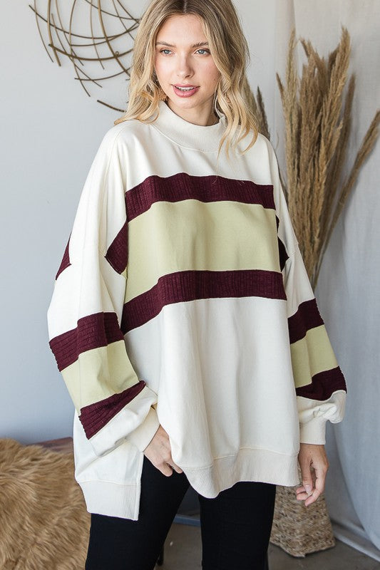 COLORBLOCK FUNNEL NECK LONG SLEEVE PULLOVER TOP