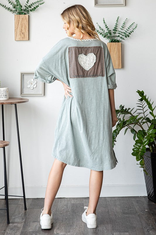 WASHED LOVE EMBROIDERY SHORT SLEEVE MIDI DRESS