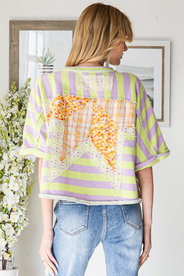 STAR PATCHWORK STRIPED SHORT SLEEVE TOP