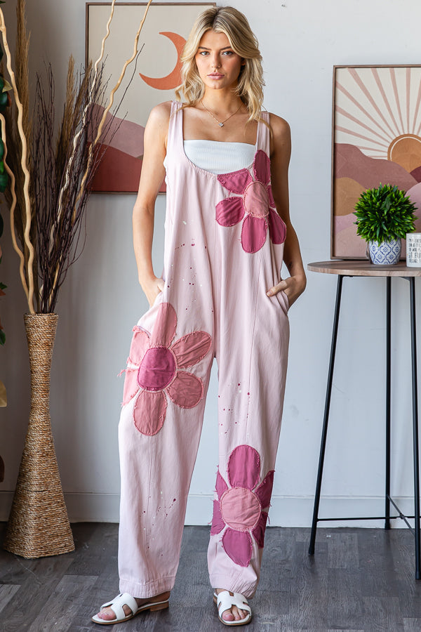 WASHED BIG FLOWER PATCHWORK OVERALL