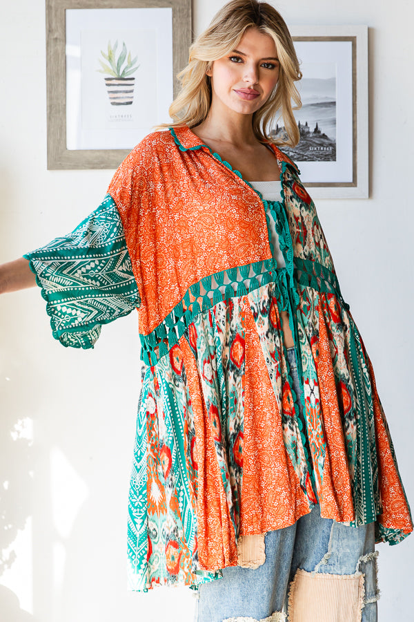PRINTED MIX KIMONO MINI DRESS
