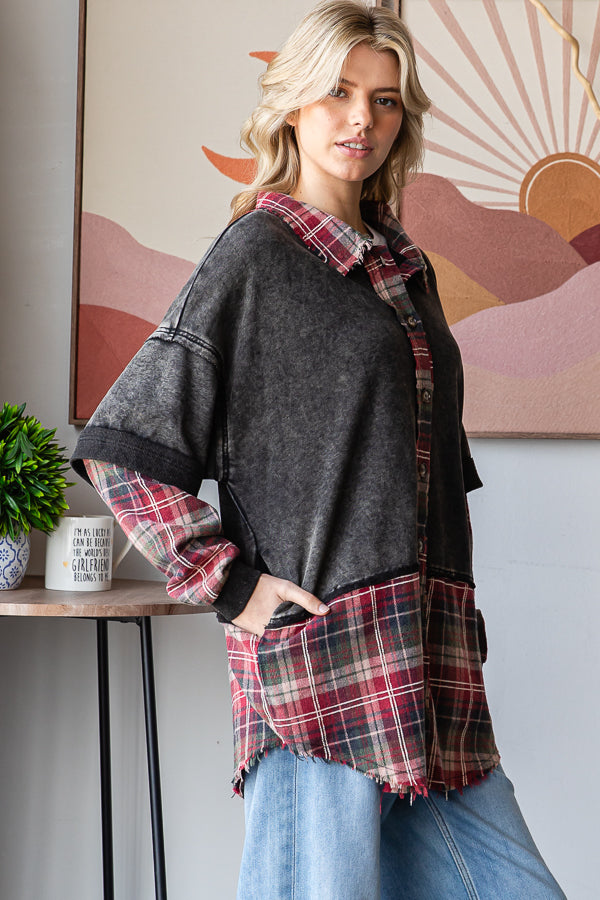 WASHED PLAID CONTRAST MIX MEDIA SHIRT