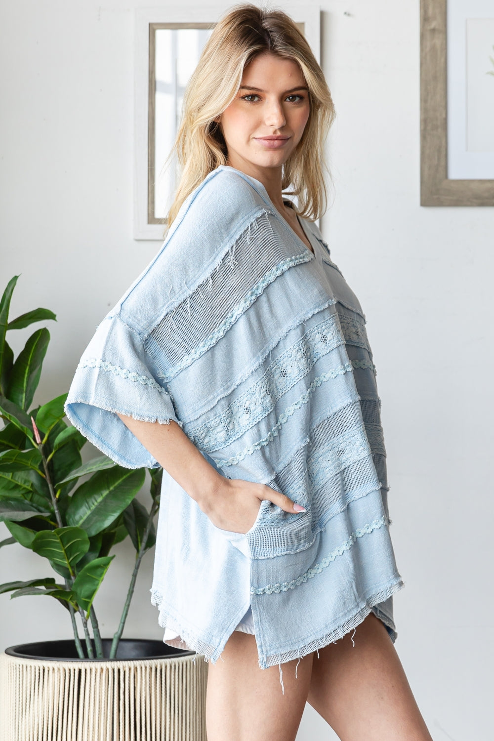 WASHED MIX MEDIA V NECK CASUAL TOP