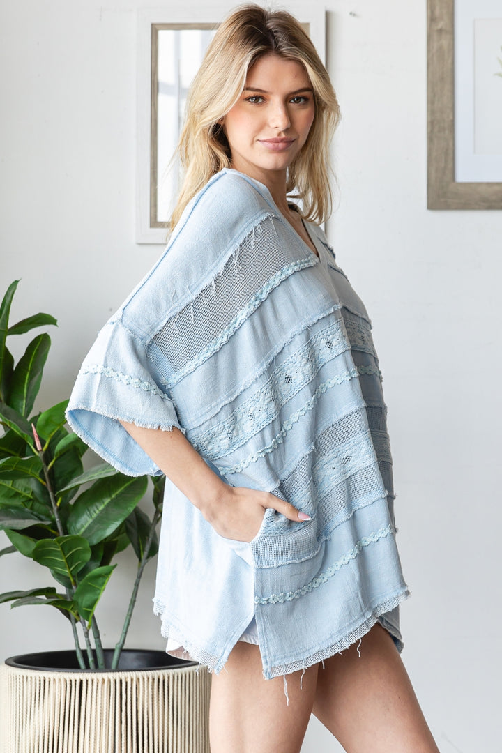 WASHED MIX MEDIA V NECK CASUAL TOP