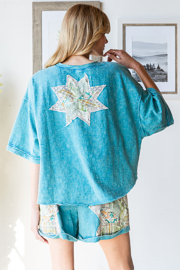 MULTI PRINT STAR PATCHWORK TOP SHORT TWO PIECE SET