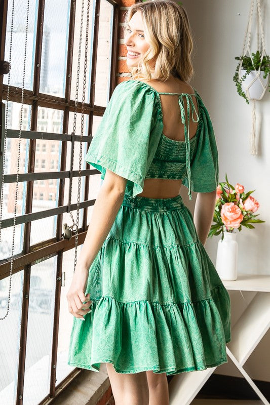 WASHED CROSS CUTOUT TIERED MINI DRESS