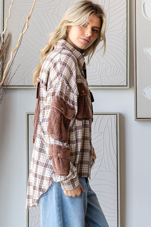 WASHED PLAID CONTRAST 3D POCKETS BUTTON DOWN SHIRT