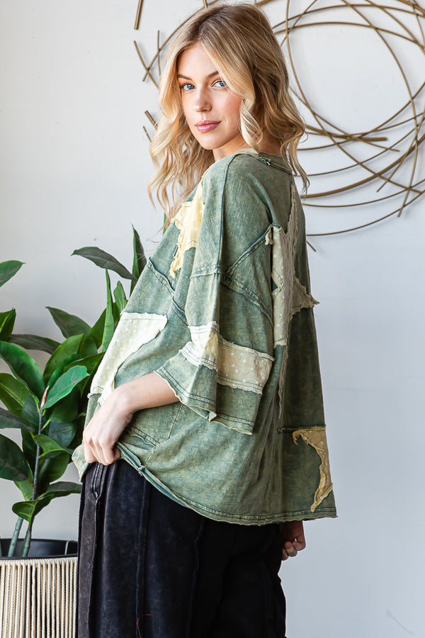 WASHED STAR PATCHWORK SHORT SLEEVE TOP