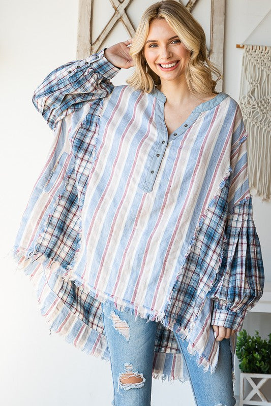 WASHED HENLEY V NECK MIX MEDIA PLAID SHIRT