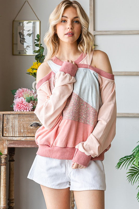 WASHED MIX MEDIA CUTOUT SHOULDER PULLOVER TOP
