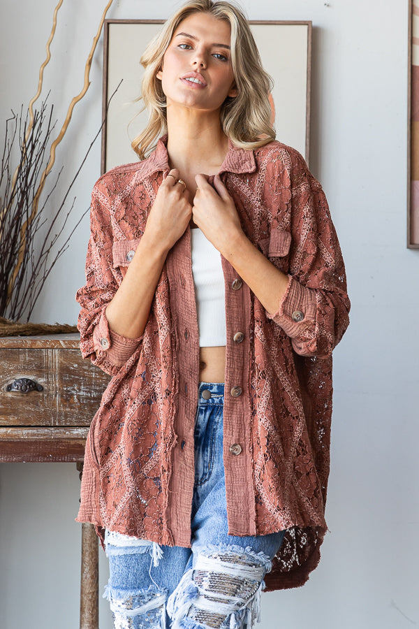 MINERAL WASHED BUTTON DOWN LACE TOP