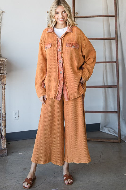 WASHED ELASTIC WAIST BAND WIDE LEG CROPPED PANTS