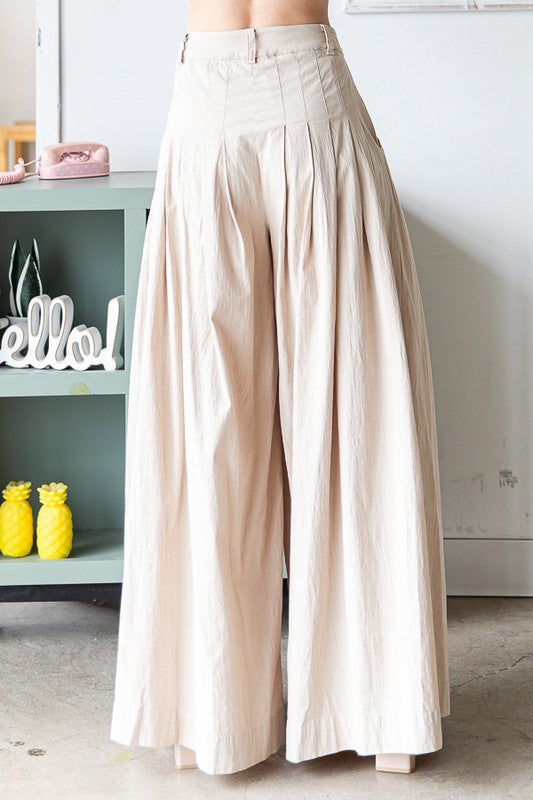 WASHED COTTON PLEATED WIDE LEG PANTS