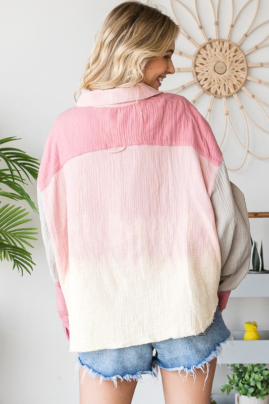 WASHED COLORBLOCK BUTTON DOWN SHIRT