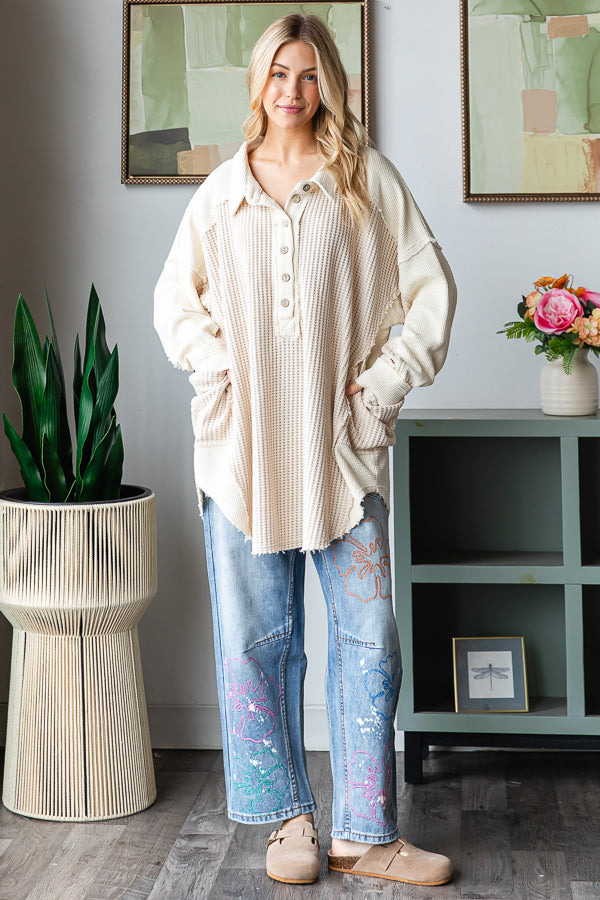 WASHED COLLARED NECK LONG SLEEVE WAFFLE TOP