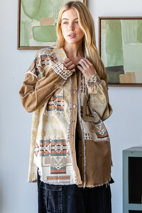 MIXED AZTEC PRINTED BUTTON DOWN SHACKET