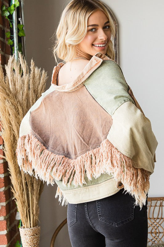 WASHED COLORBLOCK BUTTON DOWN FRINGE TWILL JACKET