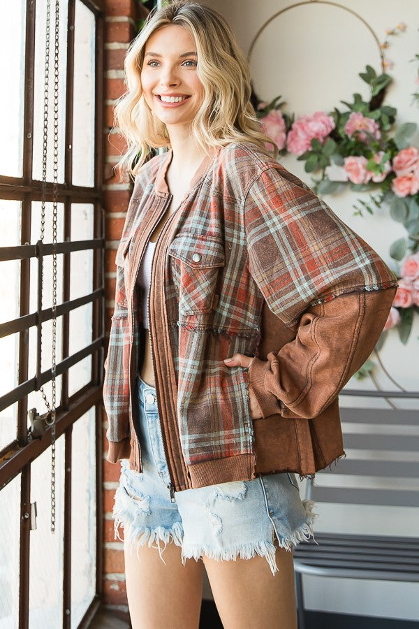 WASHED MIXED MEDIA PLAID ZIP FRONT JACKET