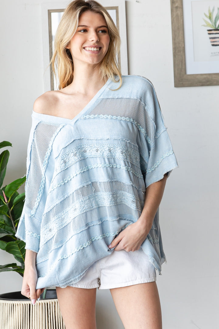 WASHED MIX MEDIA V NECK CASUAL TOP