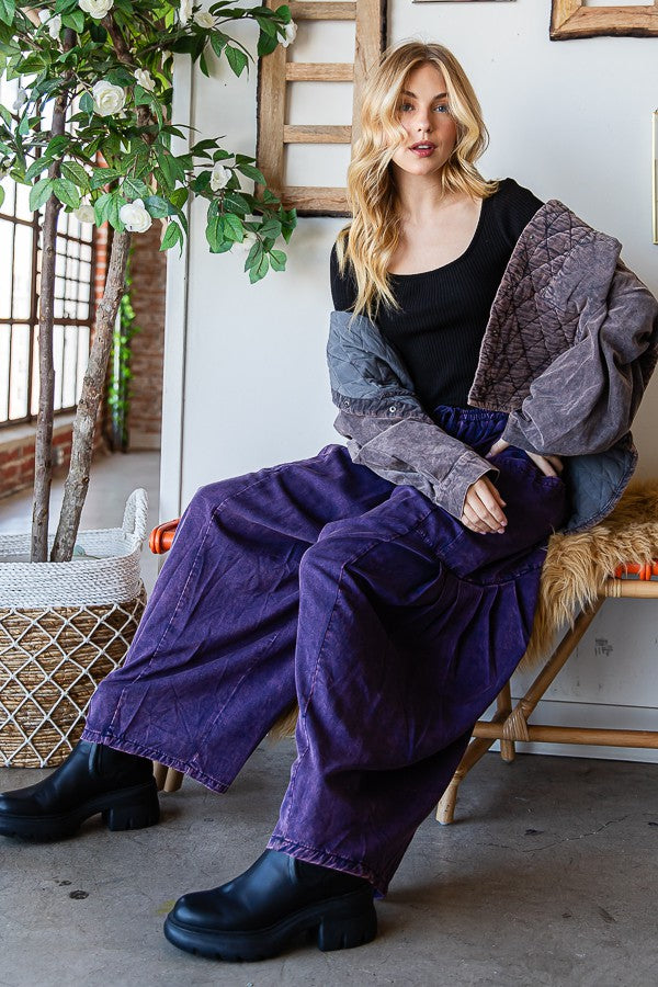 MINERAL WASHED DRAWSTRING WAIST WIDE LEG PANTS