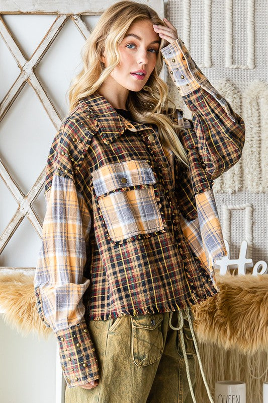 STUDDED DETAIL MULTI MIX PLAID SHIRT