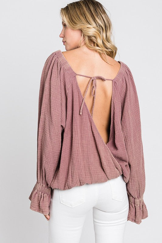 WASHED FLARE CUFFS OPEN BACK DETAIL GAUZE BLOUSE