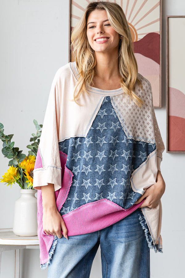 WASHED STAR PATCHWORK OVERSIZED TOP