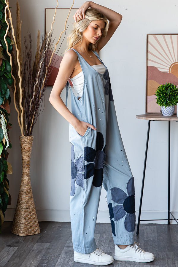WASHED BIG FLOWER PATCHWORK OVERALL