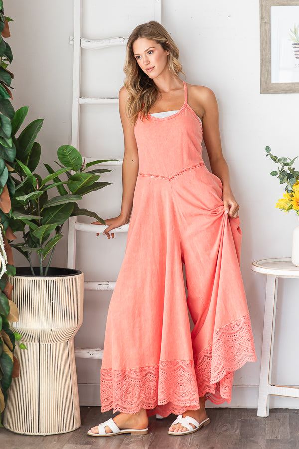 WASHED KEYHOLE BACK DETAILED WIDE LEG ROMPER