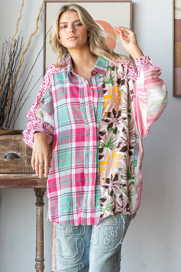 WASHED PRINT MIXED BUTTON DOWN SHIRT