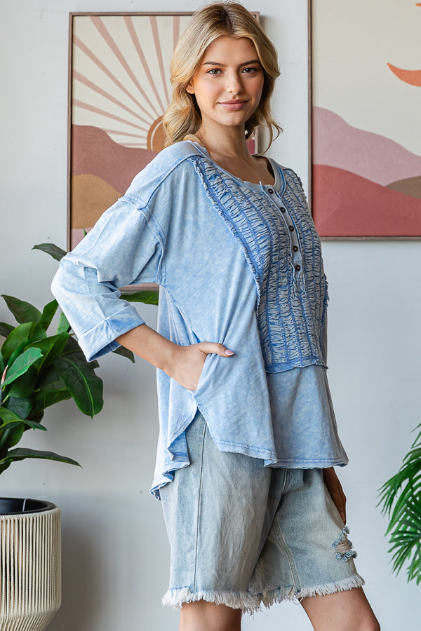 SMOCKED FRONT HENLEY NECK OVERSIZED TOP