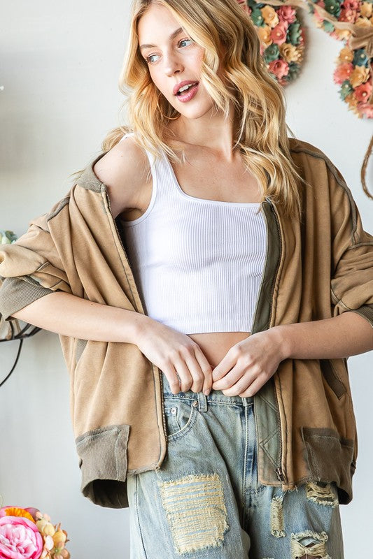 MINERAL WASHED ZIPPER FRONT BOMBER JACKET